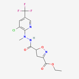 molecular formula C14H14ClF3N4O4 B2507055 Ethyl 5-({2-[3-chloro-5-(trifluoromethyl)-2-pyridinyl]-2-methylhydrazino}carbonyl)-4,5-dihydro-3-isoxazolecarboxylate CAS No. 338400-94-5