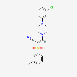 molecular formula C21H22ClN3O2S B2507100 (E)-3-(4-(3-chlorophenyl)piperazin-1-yl)-2-((3,4-dimethylphenyl)sulfonyl)acrylonitrile CAS No. 885185-93-3