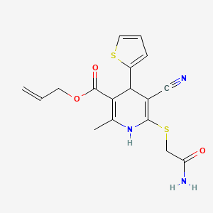 molecular formula C17H17N3O3S2 B2507114 Prop-2-enyl 6-(2-amino-2-oxoethyl)sulfanyl-5-cyano-2-methyl-4-thiophen-2-yl-1,4-dihydropyridine-3-carboxylate CAS No. 369395-25-5