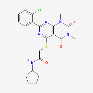 molecular formula C21H22ClN5O3S B2507159 2-((2-(2-chlorophenyl)-6,8-dimethyl-5,7-dioxo-5,6,7,8-tetrahydropyrimido[4,5-d]pyrimidin-4-yl)thio)-N-cyclopentylacetamide CAS No. 872694-71-8
