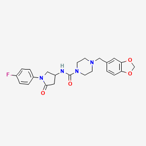 molecular formula C23H25FN4O4 B2507181 4-(benzo[d][1,3]dioxol-5-ylmethyl)-N-(1-(4-fluorophenyl)-5-oxopyrrolidin-3-yl)piperazine-1-carboxamide CAS No. 894020-40-7