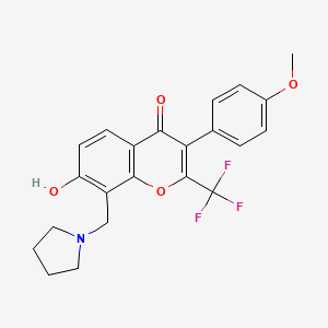 molecular formula C22H20F3NO4 B2507221 7-hydroxy-3-(4-methoxyphenyl)-8-(pyrrolidin-1-ylmethyl)-2-(trifluoromethyl)-4H-chromen-4-one CAS No. 637753-66-3