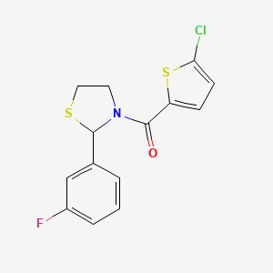 molecular formula C14H11ClFNOS2 B2507228 (5-Chlorothiophen-2-yl)(2-(3-fluorophenyl)thiazolidin-3-yl)methanone CAS No. 2034263-07-3