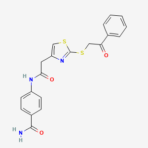 molecular formula C20H17N3O3S2 B2507243 4-(2-(2-((2-Oxo-2-phenylethyl)thio)thiazol-4-yl)acetamido)benzamide CAS No. 1021069-73-7