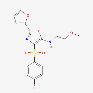 molecular formula C16H15FN2O5S B2507256 4-((4-氟苯基)磺酰基)-2-(呋喃-2-基)-N-(2-甲氧基乙基)恶唑-5-胺 CAS No. 862793-92-8