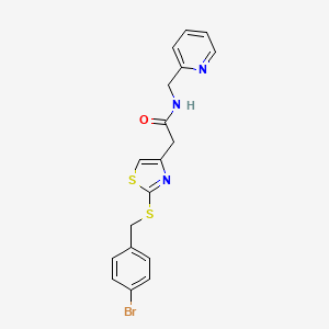 molecular formula C18H16BrN3OS2 B2507289 2-(2-((4-bromobenzyl)thio)thiazol-4-yl)-N-(pyridin-2-ylmethyl)acetamide CAS No. 954014-74-5