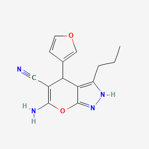 molecular formula C14H14N4O2 B2507337 6-Amino-4-(3-furanyl)-3-propyl-2,4-dihydropyrano[2,3-c]pyrazole-5-carbonitrile CAS No. 330834-09-8