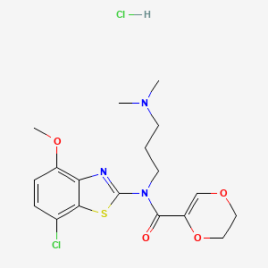 molecular formula C18H23Cl2N3O4S B2507383 N-(7-chloro-4-methoxybenzo[d]thiazol-2-yl)-N-(3-(dimethylamino)propyl)-5,6-dihydro-1,4-dioxine-2-carboxamide hydrochloride CAS No. 1215755-60-4