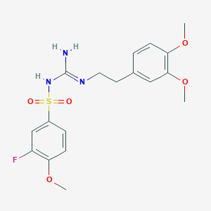 molecular formula C18H22FN3O5S B2507398 N-(N-(3,4-dimethoxyphenethyl)carbamimidoyl)-3-fluoro-4-methoxybenzenesulfonamide CAS No. 869075-45-6