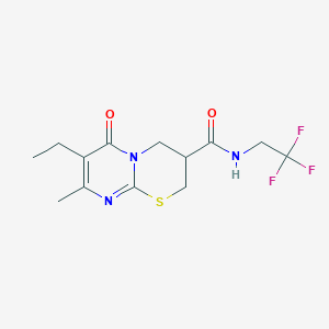 molecular formula C13H16F3N3O2S B2507412 7-ethyl-8-methyl-6-oxo-N-(2,2,2-trifluoroethyl)-2,3,4,6-tetrahydropyrimido[2,1-b][1,3]thiazine-3-carboxamide CAS No. 1421482-79-2