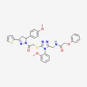molecular formula C34H32N6O5S2 B2507454 N-[[4-(2-methoxyphenyl)-5-[2-[3-(4-methoxyphenyl)-5-thiophen-2-yl-3,4-dihydropyrazol-2-yl]-2-oxoethyl]sulfanyl-1,2,4-triazol-3-yl]methyl]-2-phenoxyacetamide CAS No. 393585-18-7