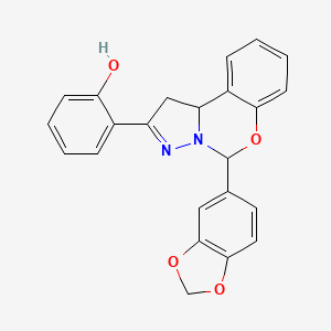 molecular formula C23H18N2O4 B2507481 2-(5-(benzo[d][1,3]dioxol-5-yl)-5,10b-dihydro-1H-benzo[e]pyrazolo[1,5-c][1,3]oxazin-2-yl)phenol CAS No. 899984-60-2