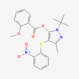 molecular formula C22H23N3O5S B2507527 [2-Tert-butyl-5-methyl-4-(2-nitrophenyl)sulfanylpyrazol-3-yl] 2-methoxybenzoate CAS No. 851127-55-4