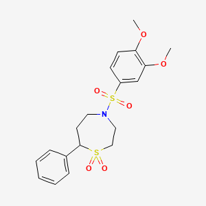 molecular formula C19H23NO6S2 B2507529 4-((3,4-二甲氧基苯基)磺酰基)-7-苯基-1,4-噻氮杂环戊烷 1,1-二氧化物 CAS No. 2034335-65-2