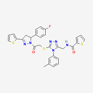 molecular formula C30H25FN6O2S3 B2507625 N-((5-((2-(5-(4-fluorophenyl)-3-(thiophen-2-yl)-4,5-dihydro-1H-pyrazol-1-yl)-2-oxoethyl)thio)-4-(m-tolyl)-4H-1,2,4-triazol-3-yl)methyl)thiophene-2-carboxamide CAS No. 362508-77-8