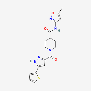 molecular formula C18H19N5O3S B2507677 N-(5-甲基异恶唑-3-基)-1-(3-(噻吩-2-基)-1H-吡唑-5-羰基)哌啶-4-甲酰胺 CAS No. 1305281-48-4