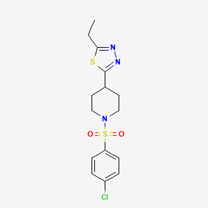 molecular formula C15H18ClN3O2S2 B2507736 2-(1-((4-Chlorophenyl)sulfonyl)piperidin-4-yl)-5-ethyl-1,3,4-thiadiazole CAS No. 1105208-56-7