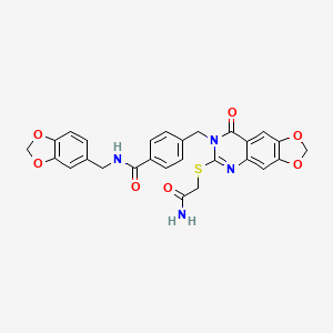 molecular formula C27H22N4O7S B2507755 4-[[6-(2-amino-2-oxoethyl)sulfanyl-8-oxo-[1,3]dioxolo[4,5-g]quinazolin-7-yl]methyl]-N-(1,3-benzodioxol-5-ylmethyl)benzamide CAS No. 688061-88-3