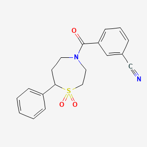 molecular formula C19H18N2O3S B2507770 3-(1,1-Dioxido-7-phenyl-1,4-thiazepane-4-carbonyl)benzonitrile CAS No. 2034335-05-0