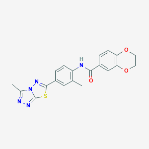 molecular formula C20H17N5O3S B250779 N-[2-methyl-4-(3-methyl[1,2,4]triazolo[3,4-b][1,3,4]thiadiazol-6-yl)phenyl]-2,3-dihydro-1,4-benzodioxine-6-carboxamide 