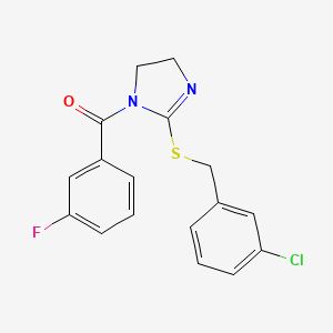 molecular formula C17H14ClFN2OS B2507806 (2-((3-chlorobenzyl)thio)-4,5-dihydro-1H-imidazol-1-yl)(3-fluorophenyl)methanone CAS No. 851808-22-5