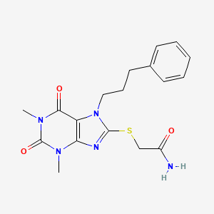 molecular formula C18H21N5O3S B2507874 2-{[1,3-dimethyl-2,6-dioxo-7-(3-phenylpropyl)-2,3,6,7-tetrahydro-1H-purin-8-yl]sulfanyl}acetamide CAS No. 377066-94-9