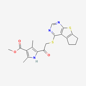 molecular formula C19H19N3O3S2 B2507938 methyl 5-[(6,7-dihydro-5H-cyclopenta[4,5]thieno[2,3-d]pyrimidin-4-ylsulfanyl)acetyl]-2,4-dimethyl-1H-pyrrole-3-carboxylate CAS No. 315711-39-8