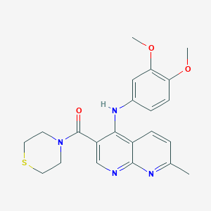 molecular formula C22H24N4O3S B2508009 (4-((3,4-二甲氧基苯基)氨基)-7-甲基-1,8-萘啶-3-基)(硫代吗啉)甲酮 CAS No. 1251633-39-2
