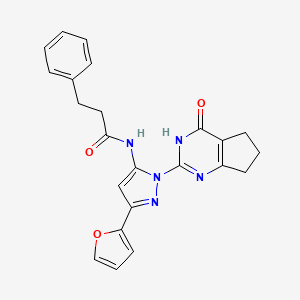 molecular formula C23H21N5O3 B2508085 N-(3-(furan-2-yl)-1-(4-oxo-4,5,6,7-tetrahydro-3H-cyclopenta[d]pyrimidin-2-yl)-1H-pyrazol-5-yl)-3-phenylpropanamide CAS No. 1207006-26-5