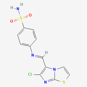 molecular formula C12H9ClN4O2S2 B2508156 4-{[(6-Chloroimidazo[2,1-b][1,3]thiazol-5-yl)methylene]amino}benzenesulfonamide CAS No. 477851-56-2