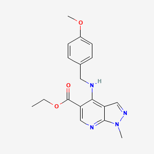 molecular formula C18H20N4O3 B2508172 ethyl 4-[(4-methoxybenzyl)amino]-1-methyl-1H-pyrazolo[3,4-b]pyridine-5-carboxylate CAS No. 685109-26-6