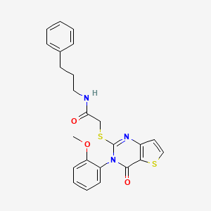 molecular formula C24H23N3O3S2 B2508219 2-{[3-(2-methoxyphenyl)-4-oxo-3,4-dihydrothieno[3,2-d]pyrimidin-2-yl]sulfanyl}-N-(3-phenylpropyl)acetamide CAS No. 1291838-52-2