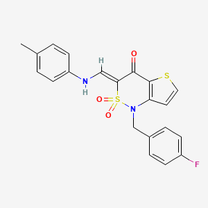 molecular formula C21H17FN2O3S2 B2508221 (3Z)-1-(4-fluorobenzyl)-3-{[(4-methylphenyl)amino]methylene}-1H-thieno[3,2-c][1,2]thiazin-4(3H)-one 2,2-dioxide CAS No. 894680-72-9