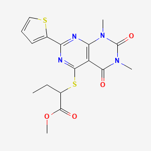molecular formula C17H18N4O4S2 B2508240 Methyl 2-((6,8-dimethyl-5,7-dioxo-2-(thiophen-2-yl)-5,6,7,8-tetrahydropyrimido[4,5-d]pyrimidin-4-yl)thio)butanoate CAS No. 847192-33-0