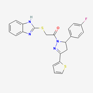 molecular formula C22H17FN4OS2 B2508259 2-((1H-benzo[d]imidazol-2-yl)thio)-1-(5-(4-fluorophenyl)-3-(thiophen-2-yl)-4,5-dihydro-1H-pyrazol-1-yl)ethanone CAS No. 403843-03-8