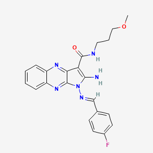molecular formula C22H21FN6O2 B2508270 (E)-2-amino-1-((4-fluorobenzylidene)amino)-N-(3-methoxypropyl)-1H-pyrrolo[2,3-b]quinoxaline-3-carboxamide CAS No. 836630-22-9