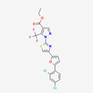 molecular formula C20H12Cl2F3N3O3S B2508306 ethyl 1-{4-[5-(2,4-dichlorophenyl)-2-furyl]-1,3-thiazol-2-yl}-5-(trifluoromethyl)-1H-pyrazole-4-carboxylate CAS No. 956502-04-8
