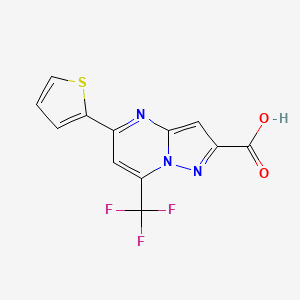 molecular formula C12H6F3N3O2S B2508358 5-チエン-2-イル-7-(トリフルオロメチル)ピラゾロ[1,5-a]ピリミジン-2-カルボン酸 CAS No. 294651-53-9