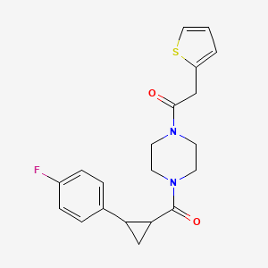 molecular formula C20H21FN2O2S B2508398 1-(4-(2-(4-Fluorophenyl)cyclopropanecarbonyl)piperazin-1-yl)-2-(thiophen-2-yl)ethanone CAS No. 1210235-85-0