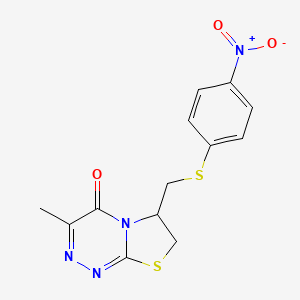 molecular formula C13H12N4O3S2 B2508412 3-methyl-6-(((4-nitrophenyl)thio)methyl)-6,7-dihydro-4H-thiazolo[2,3-c][1,2,4]triazin-4-one CAS No. 923691-74-1