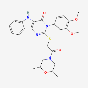 molecular formula C26H28N4O5S B2508472 3-(3,4-dimethoxyphenyl)-2-((2-(2,6-dimethylmorpholino)-2-oxoethyl)thio)-3H-pyrimido[5,4-b]indol-4(5H)-one CAS No. 888435-62-9