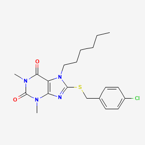 molecular formula C20H25ClN4O2S B2508479 8-((4-chlorobenzyl)thio)-7-hexyl-1,3-dimethyl-1H-purine-2,6(3H,7H)-dione CAS No. 384796-34-3