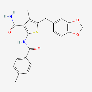 molecular formula C22H20N2O4S B2508490 5-(1,3-Benzodioxol-5-ylmethyl)-4-methyl-2-[(4-methylbenzoyl)amino]thiophene-3-carboxamide CAS No. 476368-15-7