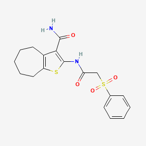 molecular formula C18H20N2O4S2 B2508502 2-(2-(苯磺酰)乙酰胺)-5,6,7,8-四氢-4H-环庚并[b]噻吩-3-甲酰胺 CAS No. 895459-86-6