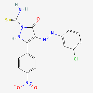 molecular formula C16H11ClN6O3S B2508554 4-[(3-Chlorophenyl)hydrazinylidene]-3-(4-nitrophenyl)-5-oxo-1-pyrazolecarbothioamide 