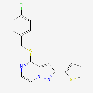 molecular formula C17H12ClN3S2 B2508568 4-[(4-Chlorobenzyl)thio]-2-(2-thienyl)pyrazolo[1,5-a]pyrazine CAS No. 1105247-38-8