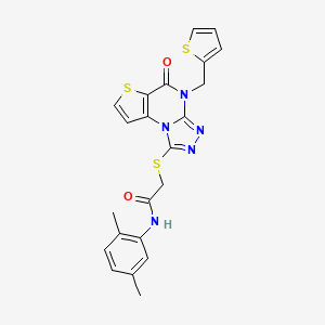 molecular formula C22H19N5O2S3 B2508606 N-(2,5-dimethylphenyl)-2-((5-oxo-4-(thiophen-2-ylmethyl)-4,5-dihydrothieno[2,3-e][1,2,4]triazolo[4,3-a]pyrimidin-1-yl)thio)acetamide CAS No. 1296344-34-7