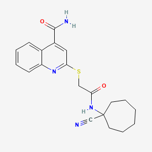 molecular formula C20H22N4O2S B2508613 2-[2-[(1-Cyanocycloheptyl)amino]-2-oxoethyl]sulfanylquinoline-4-carboxamide CAS No. 1030693-43-6