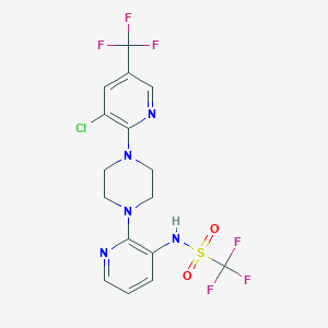 molecular formula C16H14ClF6N5O2S B2508625 N-(2-{4-[3-chloro-5-(trifluoromethyl)-2-pyridinyl]piperazino}-3-pyridinyl)(trifluoro)methanesulfonamide CAS No. 338411-82-8