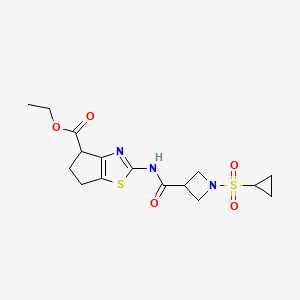 molecular formula C16H21N3O5S2 B2508663 ethyl 2-(1-(cyclopropylsulfonyl)azetidine-3-carboxamido)-5,6-dihydro-4H-cyclopenta[d]thiazole-4-carboxylate CAS No. 1428364-15-1